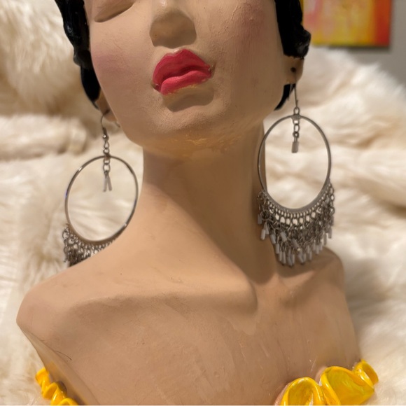 Large silver tone Hoop Earrings with hook backs. Chain dangle White Bead - Picture 8 of 10